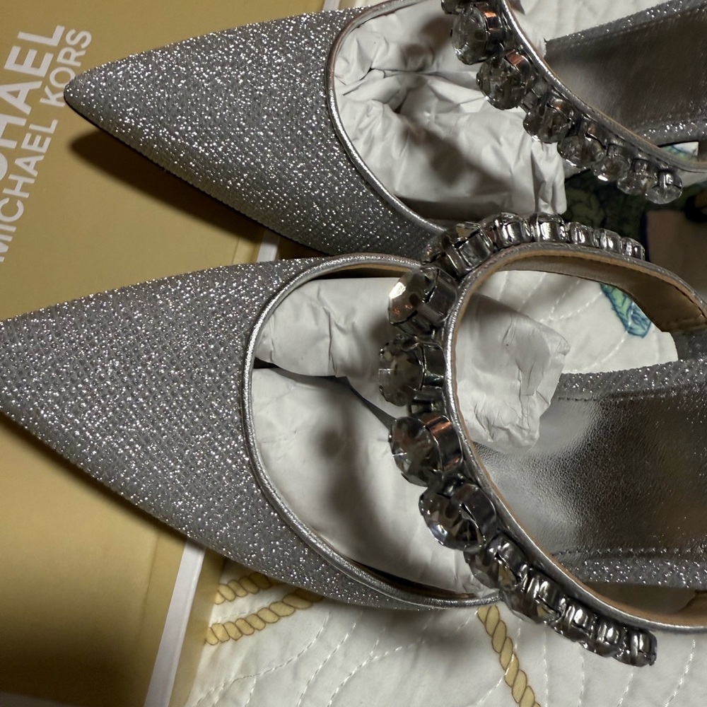 Michael Kors Silver Shimmer Heels with Studded Elegance Size 9